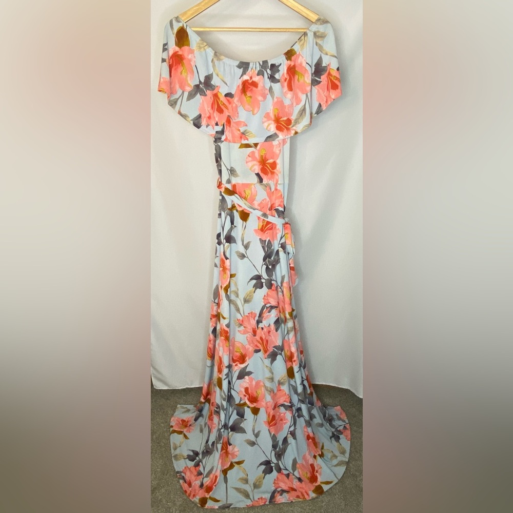 Janette John 3:16 Off the shoulder Blue maxi dress with pink floral print Size:L